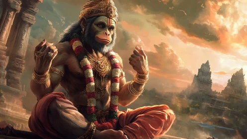 Mythic simian deity in meditative architectural panorama.