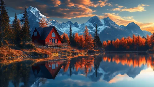 Crimson cabin dreaming beside blazing autumn alpine lake.
