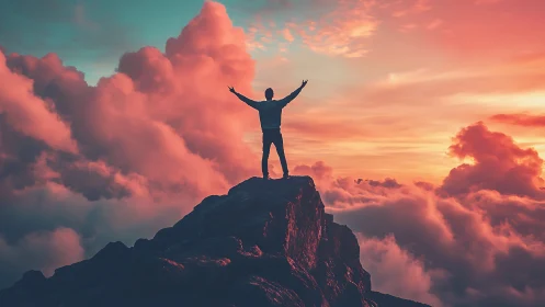 Silhouette celebrates summit at dramatic sunset sky peak.