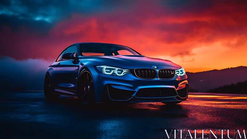 Blue sports coupe stands on wet asphalt under vivid sunset sky