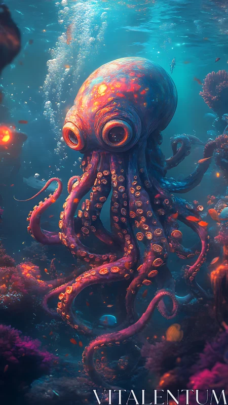 Glowing deep sea octopus drifts gently through coral wonderlands