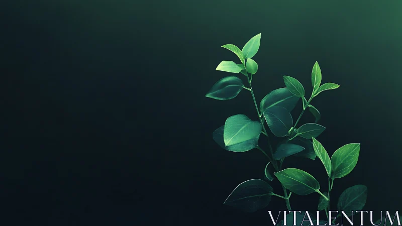 Minimalist branch with green leaves against dark gradient background.