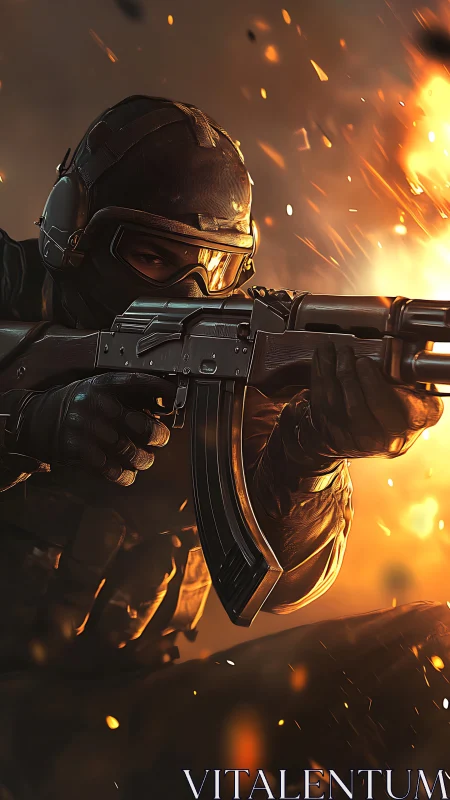 Tactical soldier aims rifle amid close-range explosion