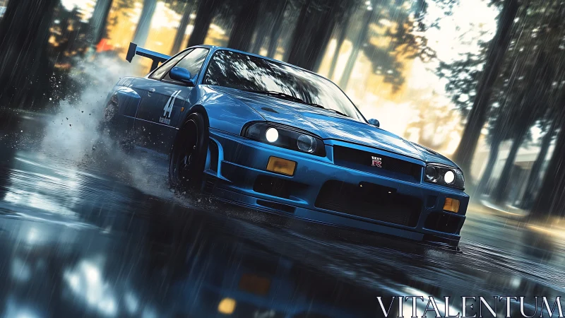 High-detail blue GT-R cornering through wet forest road at speed