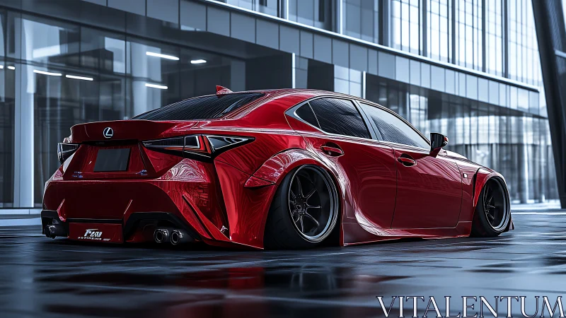 Widebody Lexus sedan rendering with deep red gloss in glass atrium