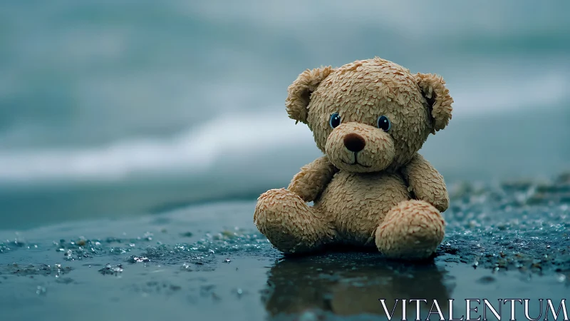 Stuffed bear toy on wet shoreline with blurred seascape background.