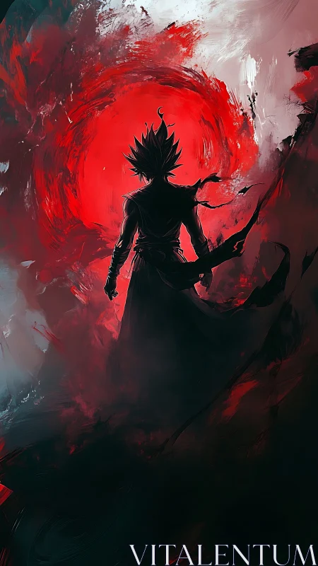 Dark anime warrior before swirling red energy vortex.