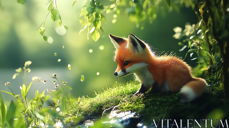 Young fox sits on mossy forest bank in soft backlight