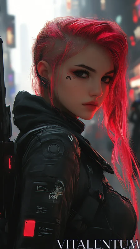 Neon renegade with scarlet hair stalking the rainlit megacity.