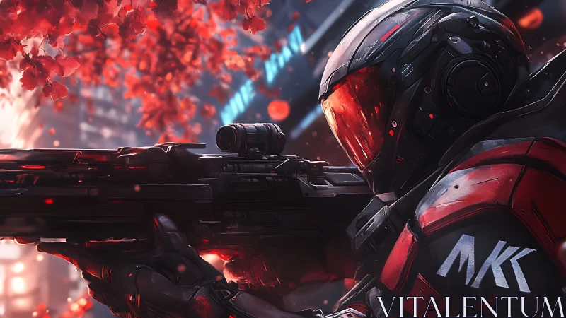 Armored sci-fi sniper steadies aim beneath red cyber petals.