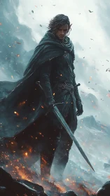 Elf warrior stands over fiery rocky ground in storm