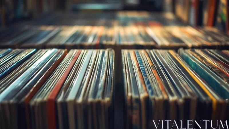 Vinyl record sleeves in warm bokeh-lit store rows.