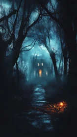 Narrow fogged forest path leads to backlit house with eerie glow
