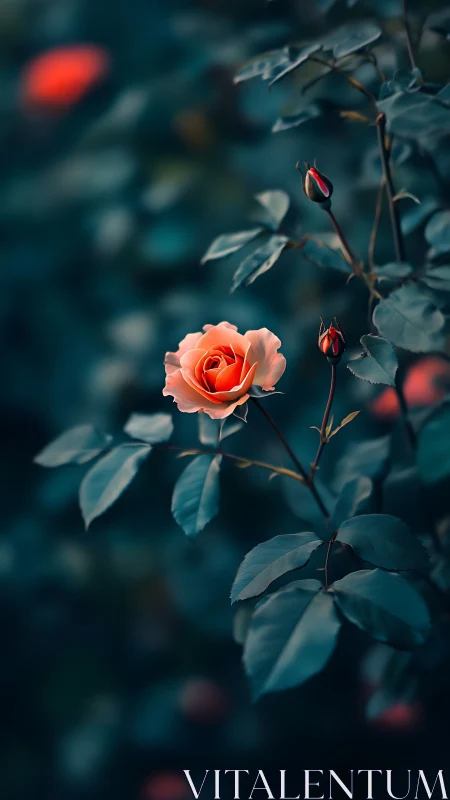 Coral Rose in Bloom Against Teal Garden.
