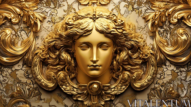 Golden goddess portrait framed in ornate flowing details.