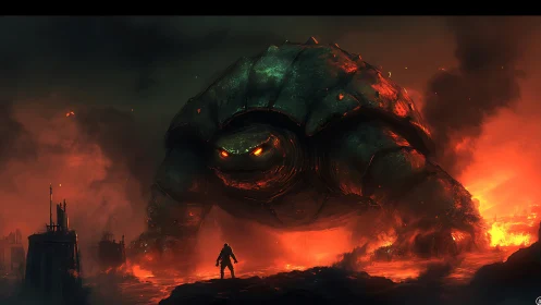 Armored lava colossus confronting lone human figure.