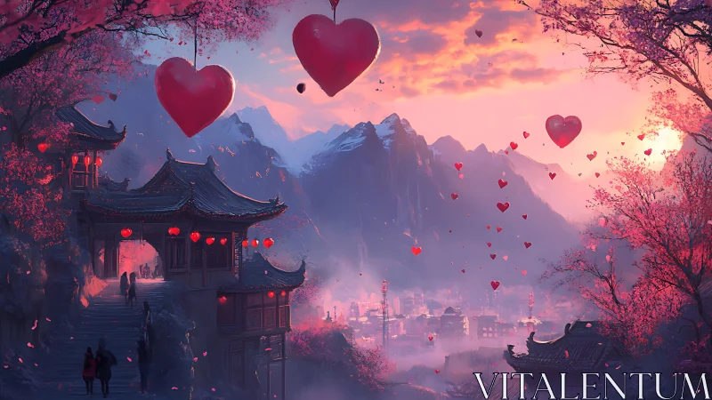 Asian Mountainscape with Floating Heart Iconography and Pink Architectural Synthesis