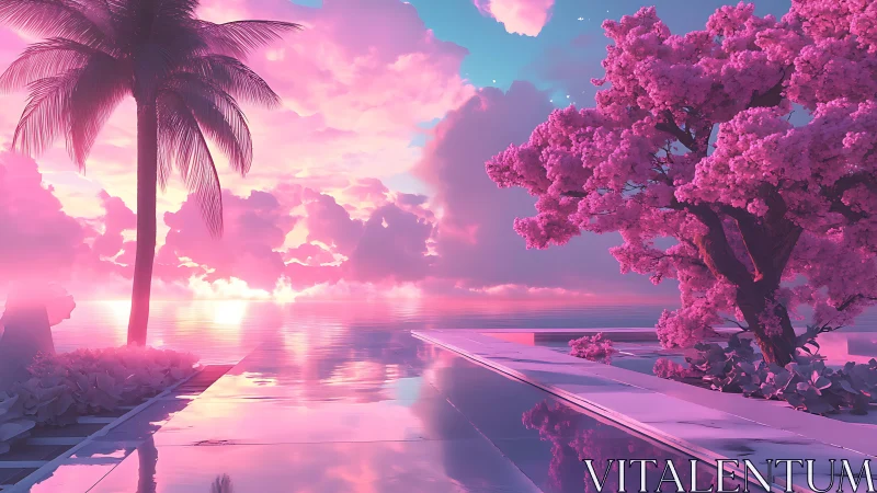 Serene tropical pool at sunset with vivid pink trees.