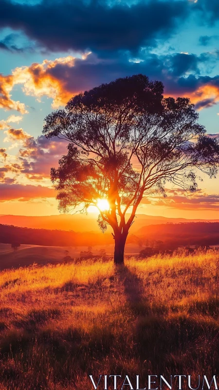 Solitary tree catches blazing sunset over golden hillside