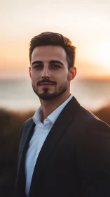 Portrait of man in suit outdoors at sunset, side lighting.