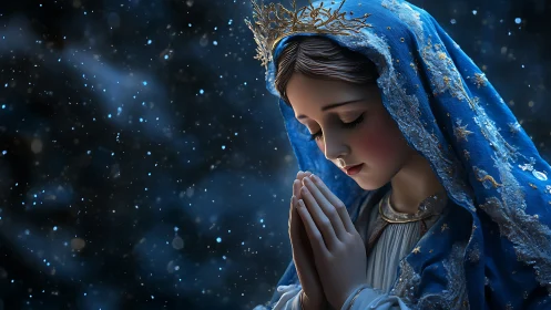 Serene robed woman prays softly amid starry blue night.