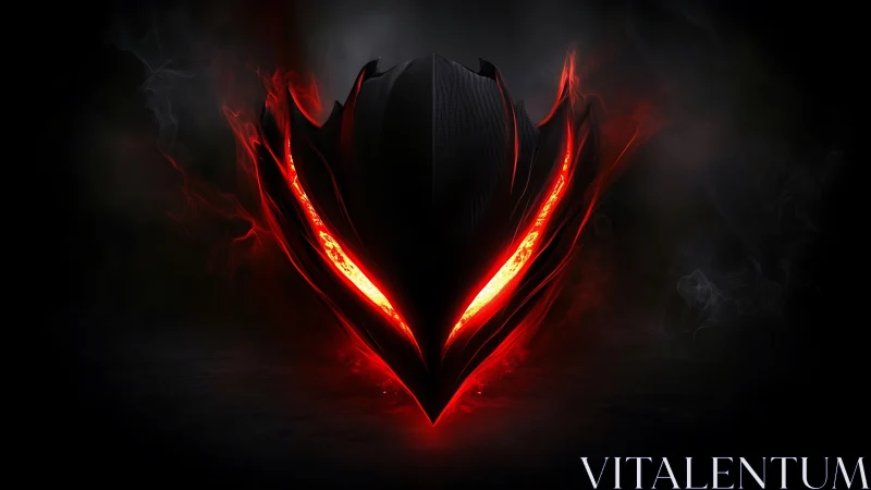 Fiery demonic mask emerges from darkness with burning glare