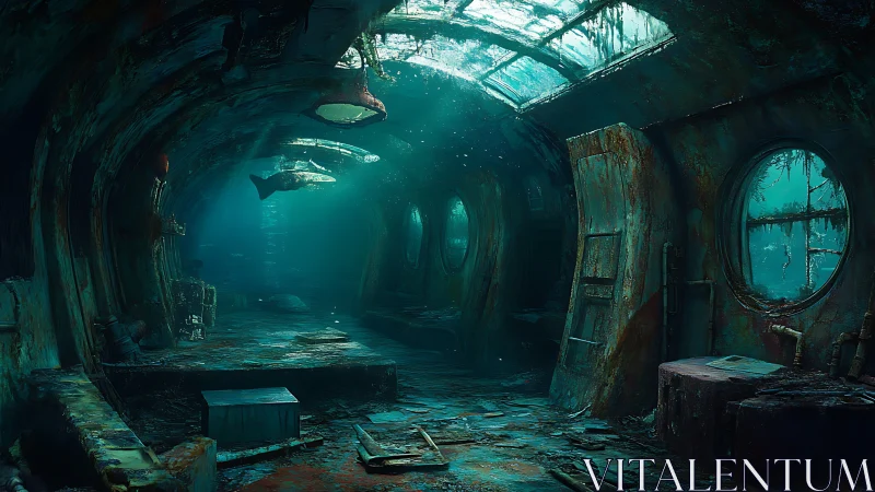 Sunken corridor glows softly as sea life drifts through ruins