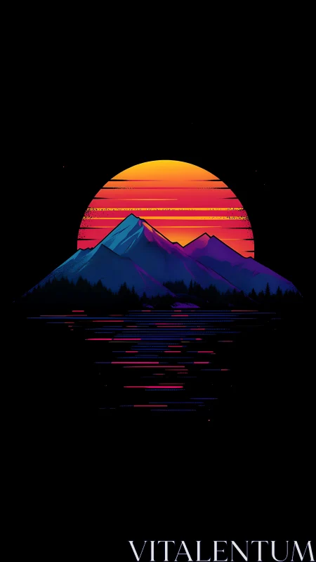 Stylized mountain silhouette aligns with segmented digital sun