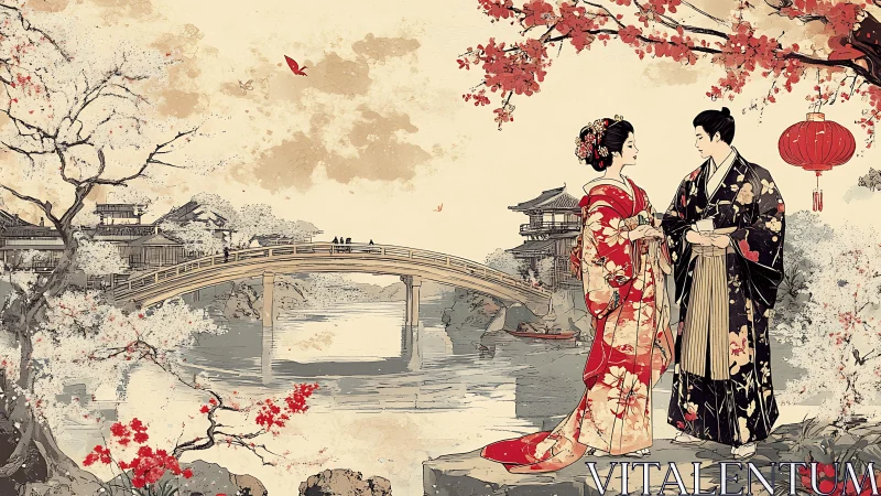 Traditional Japanese Courtyard Romance: Ukiyo-e Style Composition Study.