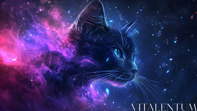 Cosmic Feline: Digital Composition with Neon Nebula Aura