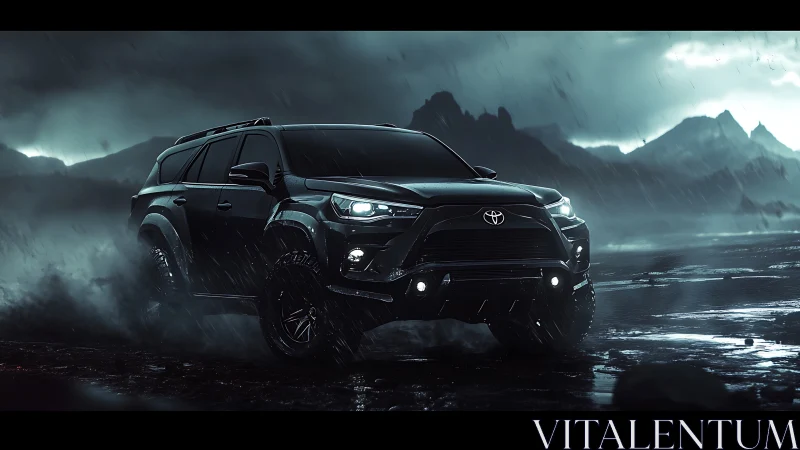 Off-road SUV rendered in cinematic storm lighting on wet terrain