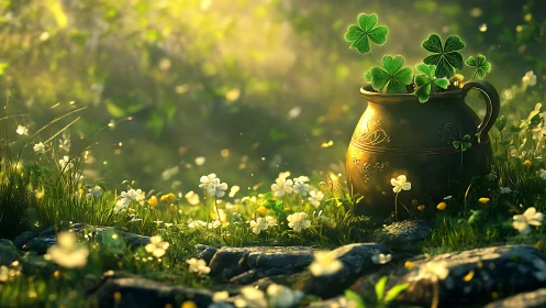Rustic pot of clovers in glowing forest meadow light.
