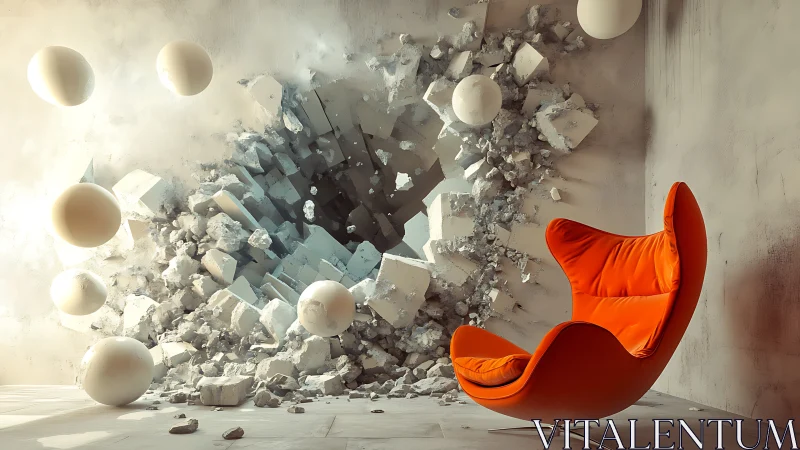 Orange lounge chair before shattered wall vortex with spheres.