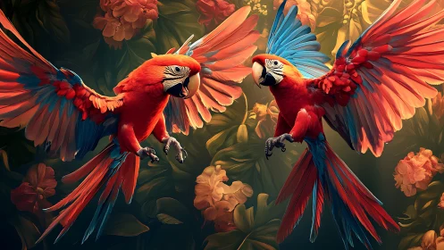 Two Vibrant Scarlet Macaws in Lush Jungle Digital Art Style.
