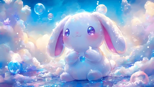 Pastel cloud bunny holds glowing bubble in dreamscape.
