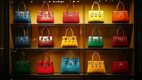Chromatic leather handbags in symmetric boutique display grid