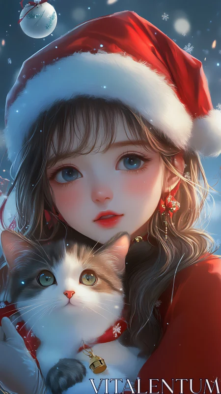 Anime girl in red Santa outfit cuddling cat in snowfall