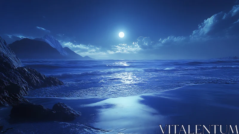 Moonlit tide whispering over sapphire midnight shoreline.