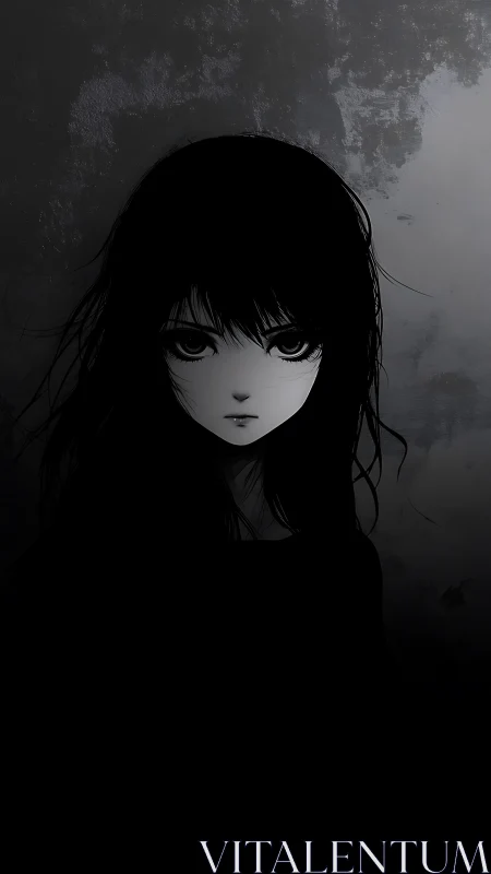 Monochrome anime portrait of girl in dark negative space.