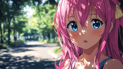 Pink haired anime girl pauses in dappled summer sunlight