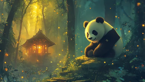 Dreamy forest panda guarding a lantern-lit woodland shrine.