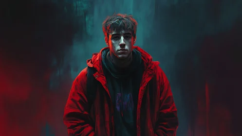 Brooding youth in crimson coat amid teal urban haze.