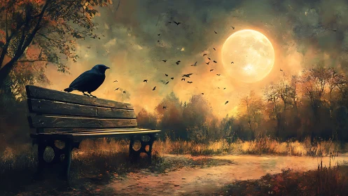 Digital painting of crow-lit bench under harvest moon glow.