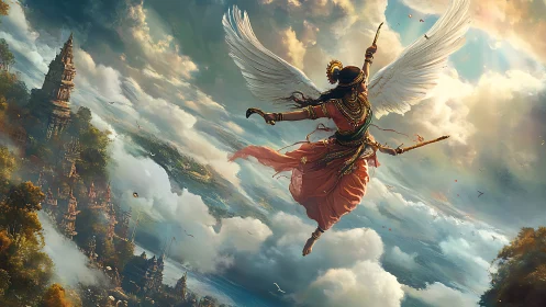 Mythic winged guardian soaring above celestial templescape.