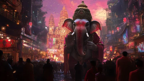 Colossal Ganesh idol dominates neon temple festival street