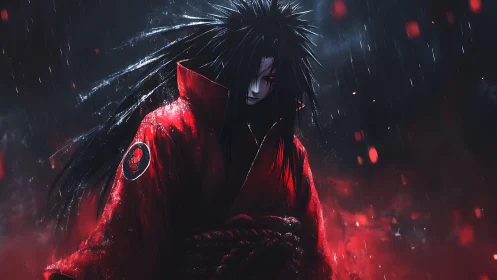 Rain-soaked red-cloaked warrior in dark storm-lit battlefield