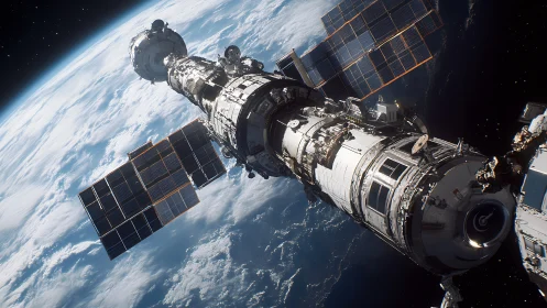 Photorealistic modular space station in low Earth orbit rendering.