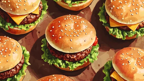 High-saturation digital painting of repeating sesame burgers on kraft