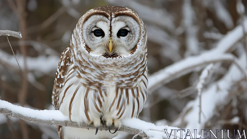 Barred Owl Perched on Snowy Branch in Photorealistic Winter Scene.