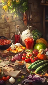 Rustic stone-kitchen still life with harvest vegetables and jars.